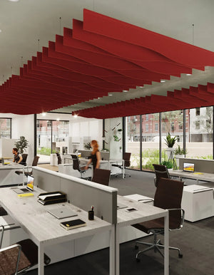 Baffle Cloud Acoustic Ceiling Baffle with Boardroom Chair and Rectangular Table in Office Setting