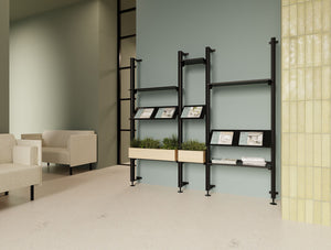Decora Against the Wall Shelving Unit with Planters with Snug 2 Seater White Finish Sofa in Reception Setting