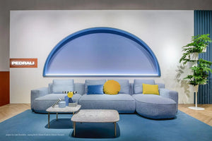 Hevea 5183 Space Partition with Pot Holders in White with Blue Modular Sofa and Grey Square Tables in Lounge Setup