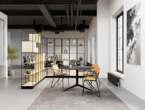 Ionic Modular 5 Level Zoning System in Oak Finish with Harmon Round Table and Line Chair and Key Bench Desk and Contour Ergonomic Chair in Modern Office Setting 2