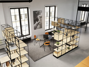 Ionic Modular 5 Level Zoning System in Oak Finish with Harmon Round Table and Line Chair in Modern Office Setting 3