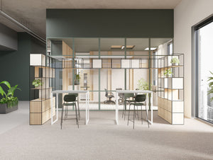 Ionic Modular Corner Zoning System with Nestro Hightop Table and Line High Stool and Vela Ergonomic Chair in Modern Office Setting 2