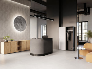 Key Wooden Wardrobe and Credenza Unit with Round Glass Top Nexis Coffee Table and Reception Desk in Lounge Area