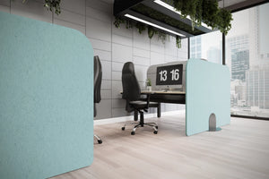 Koala Bench Freestanding Screen in Turquoise Finish with Black Officr Chair in Modern Office Setting