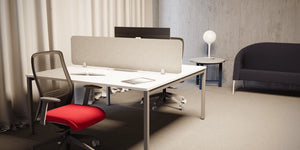 Koala Acoustic PET Plain Screen in Light Grey Finish with White Yop Bench Desk in Modern Office Setting