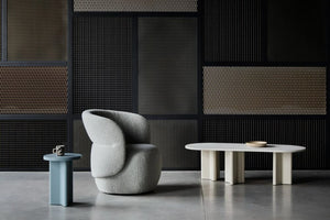 Kori Armchair in Light Grey Finish with White Oval Sgaped Table and Round Side Table