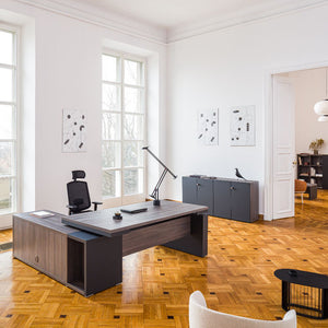 Mito Wooden Executive Desk with Office Chair and Coffee Table in Executive Setting