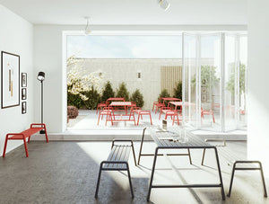 Osti Canteen Indoor And Outdoor Tabe And Benches In Red And Black For Terrace Or Breakout Area