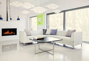 Quick Square Reception Table with Black Top with White Sofa in Living Room Setting