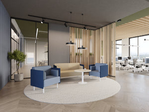 Snug Low Back Office Chair Blue Finish and 2 Seater Sofa with Key Round Cylinder Base Table and Galen Meeting Room Chair in Modern Office Setting