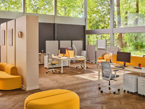 Sonic Acoustic Freestanding Screens with Bench Desk and Task Chair in Modern Office Setting 2
