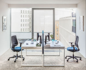 Sonic Ogi Acoustic Desk Screens with Bench Desk and Task Chair in Modern Office Setting