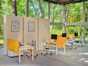 Sonic Ogi Side and Cross Acoustic Desk Screens with Bench Desk and Task Chair in Modern Office Setting