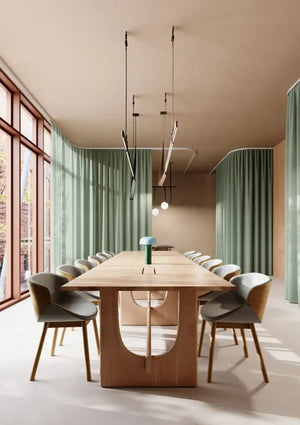 Sund L Wooden Meeting Room Table with Tub Chairs and Acoustic Ceiling Light in Modern Office Setting