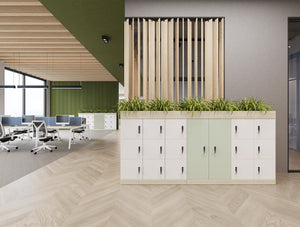 Uno Locker and Planters with Key Bench Desk and Light Desk Screen with Galen Meeting Room Chair in Modern Office Setting