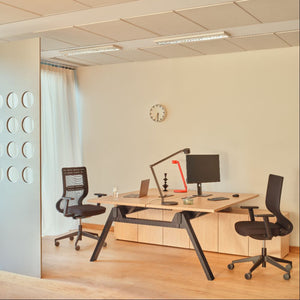 Viga Executive Bench Desk with Storage with Task Chair and Table Lamp in Modern Office Setting