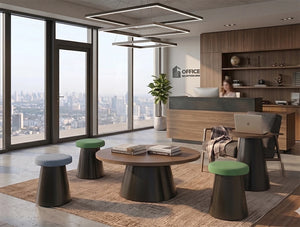 WsD Kontera Stools with Round Coffee Table and Grey Amrchair in Lounge Area
