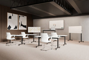 WsD Mara Mobile and Tilting Height Adjustable Table with Gesture Five Star Castors Meeting Room Chair and Whiteboard in Modern Office Setting