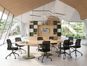 WsD Nexis Plus Cylinder Squircle Base Meeting Table with Rectangular Table Top with Vela Chair in Modern Open Space Meeting Room Setting 2