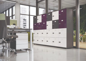 Wuteh Lockers in Different Door Finishes with Grey Top Bench Desk and White Pedestal in Modern Office Setting