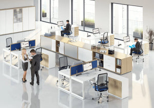 Wuteh Tambour Storage Unit with White Radial Desks and Mehsh Back Armchair in Modern Office Setting