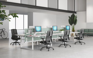 X44 Mesh Back Operator Chair with S Shape Backrest with White Sit Stand Bench Desk with Desk Screen in Modern Office Setting