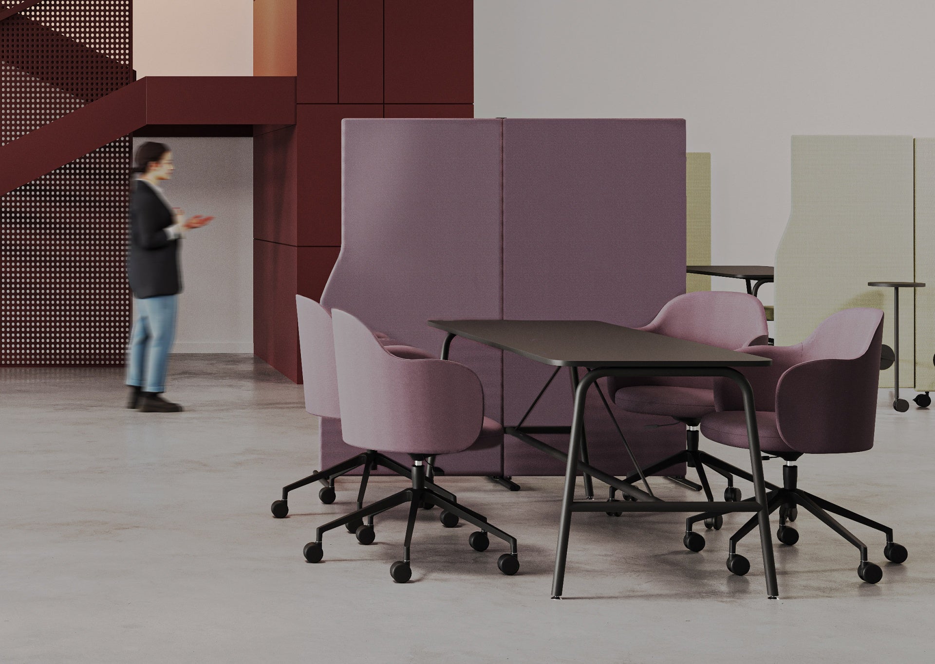 Acoustic freestanding office screens dividing an open-plan office
