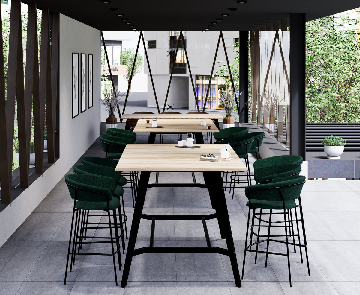 Alega 4 Legged Black Finish High Top Table with Green Finish Barstool in Breakout Setting