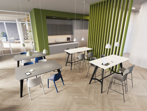 Alega Tables and Alega Poseur Tables with Everett Canteen Chair and Stark High Stool in Modern Office Setting