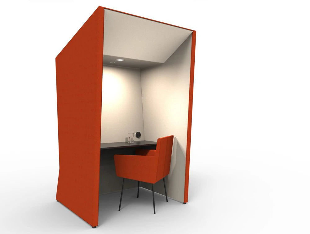 Anders Work Booth In Tangy Orange Color With Chair And Overhead Led Light