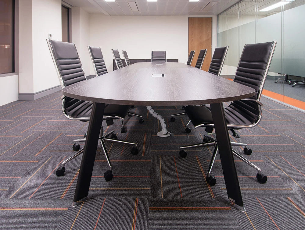 Apex Office Layout Walnut Finish Meeting Table With Cable Spine And 9 Black Executive Meeting Chairs