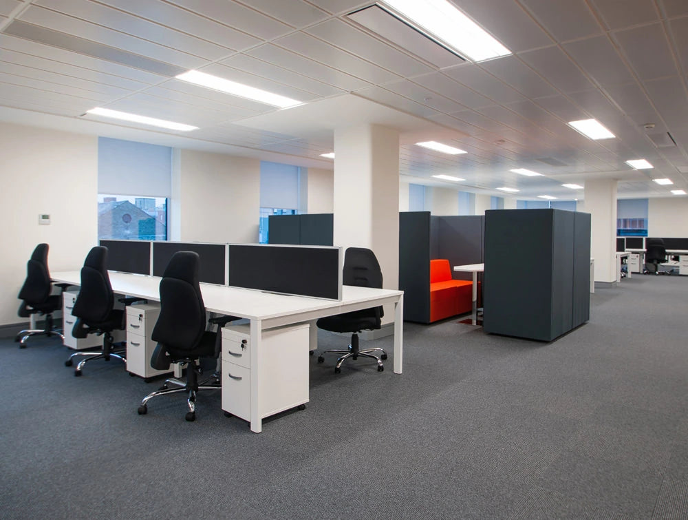 Apex Office Layout White Back To Back Desks With Pedestals And Kleiber Planet Meeting Pods