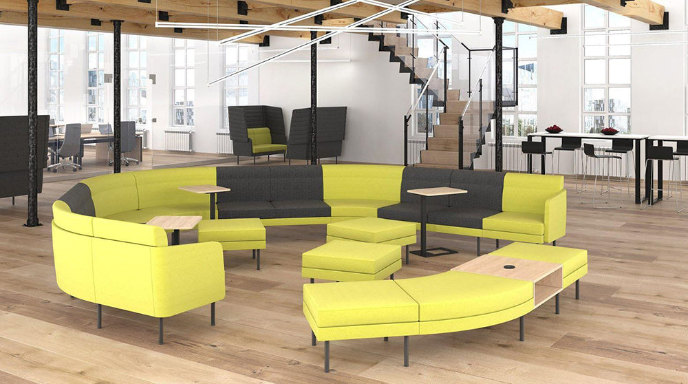 Arcipelago Modular Seating with Wooden Coffee Table and Acoustic Ceiling Lights in Reception Setting