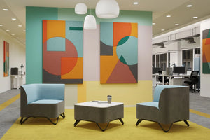 Art Shapes Acoustic Wall Panel with Grey Corner Chair and Table in Lounge Area Setting