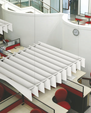 Baffle Cloud Acoustic Ceiling Baffle with Cubicle and Armchair in Office Setting