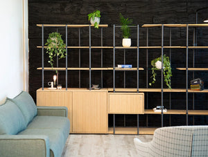 Bamboo Shelving And Storage 2 With Grey Sofa