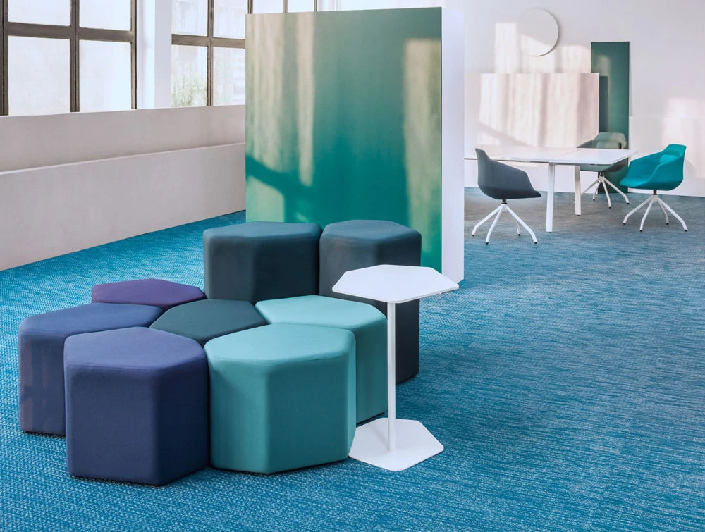 Bazalto Modular Low And High Pouffes Set With Turquoise Finish And White Table
