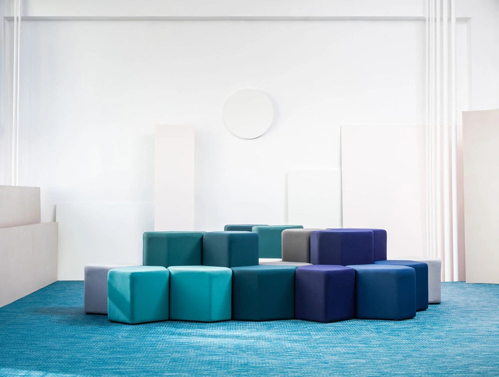 Bazalto Modular Pouffes Configuration With Various Blue Fabric Finishes With Yellow And Grey Fabrics