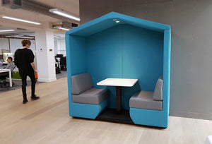 Bea 2 Person Booth In Blue Finish With White Top Table In Office Setting