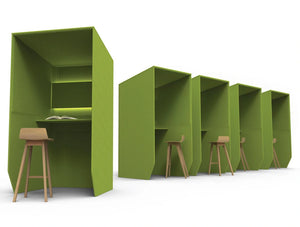 Bizzibooth Standing Acoustic Workstation Pod Green With Wooden Stools And Lights