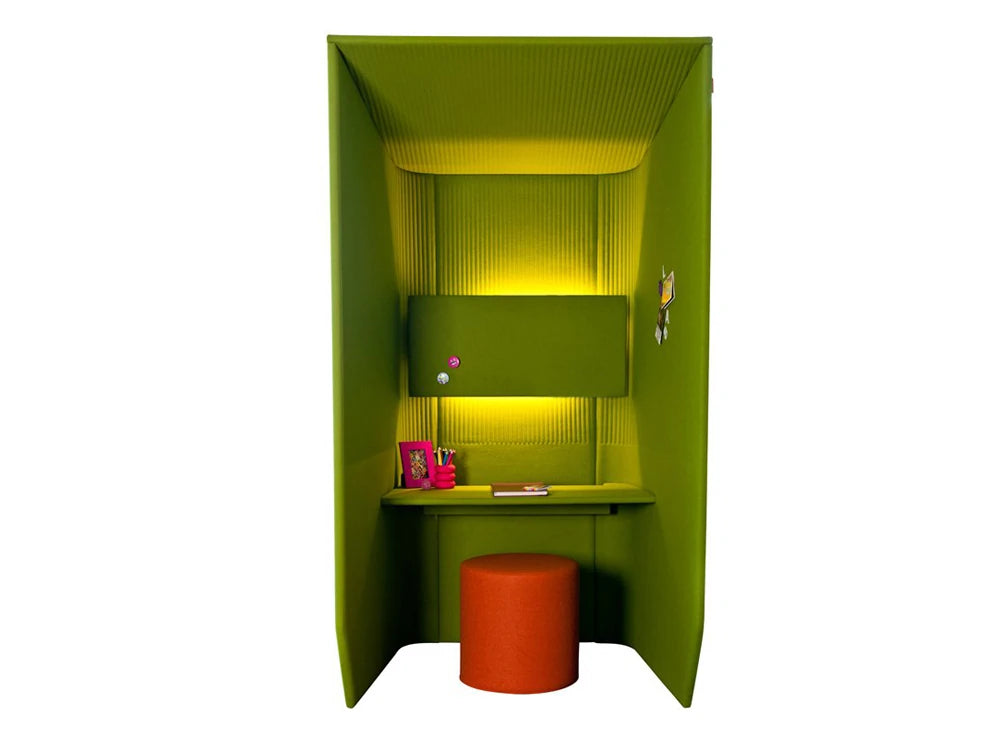 Buzzibooth Green Single Acoustic Workstation Pod With Orange Pouffe And Lights