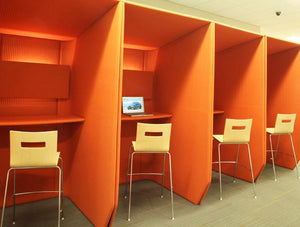 Buzzibooth Standing Acoustic Open Workstation Pod Orange With High Stools