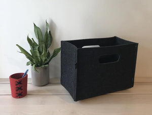Buzzibox Storage Basket 2 In Black Over Wood Finish Table With Small Planter