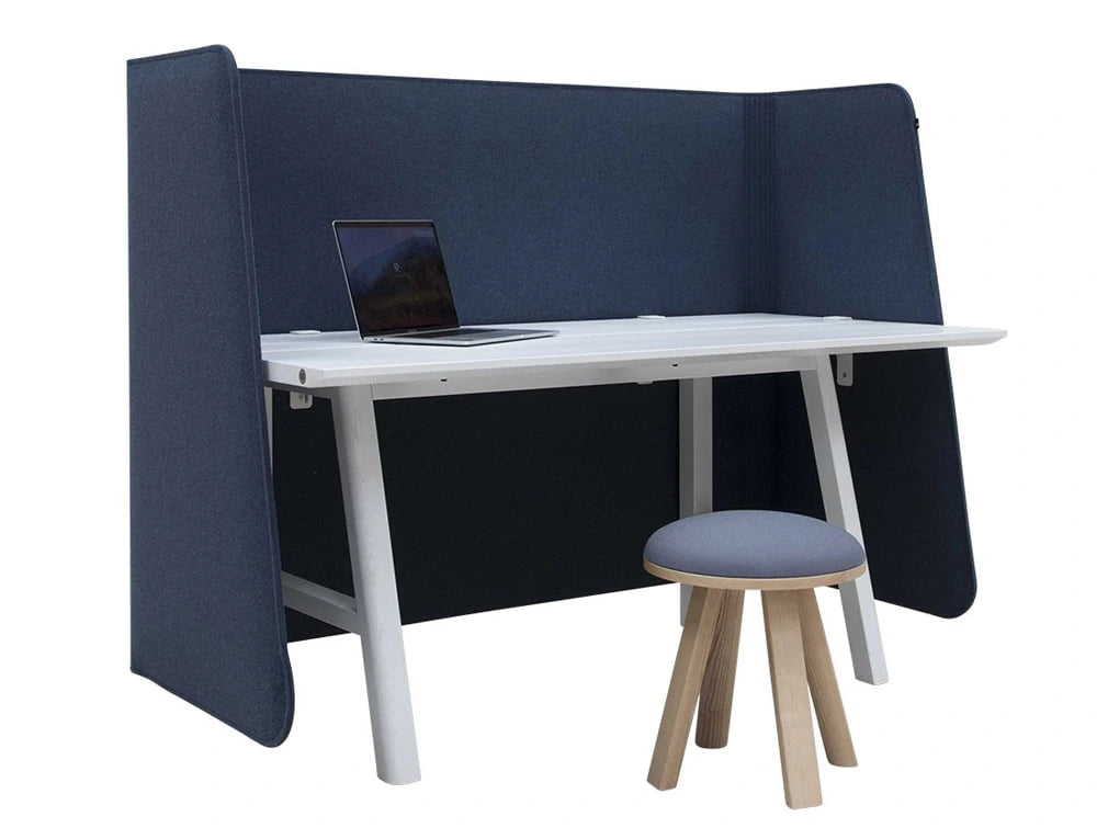 Buzzidesk Wrap Front Full Desk Acoustic Screen Blue With White Desk And Stool
