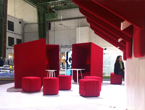 Buzzihub Solo Acoustic Private Seating Pod Red With Buzzihood And Pouffes And White Tables