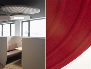 Buzzimoon Round Ring Shaped Acoustic Ceiling Light Beige With Buzziville Club And Red Buzzifelt Fabric