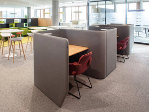 BuzziSpace Ville Modular Freestanding Acoustic Configurations Work Desk Grey Executive Chair Red