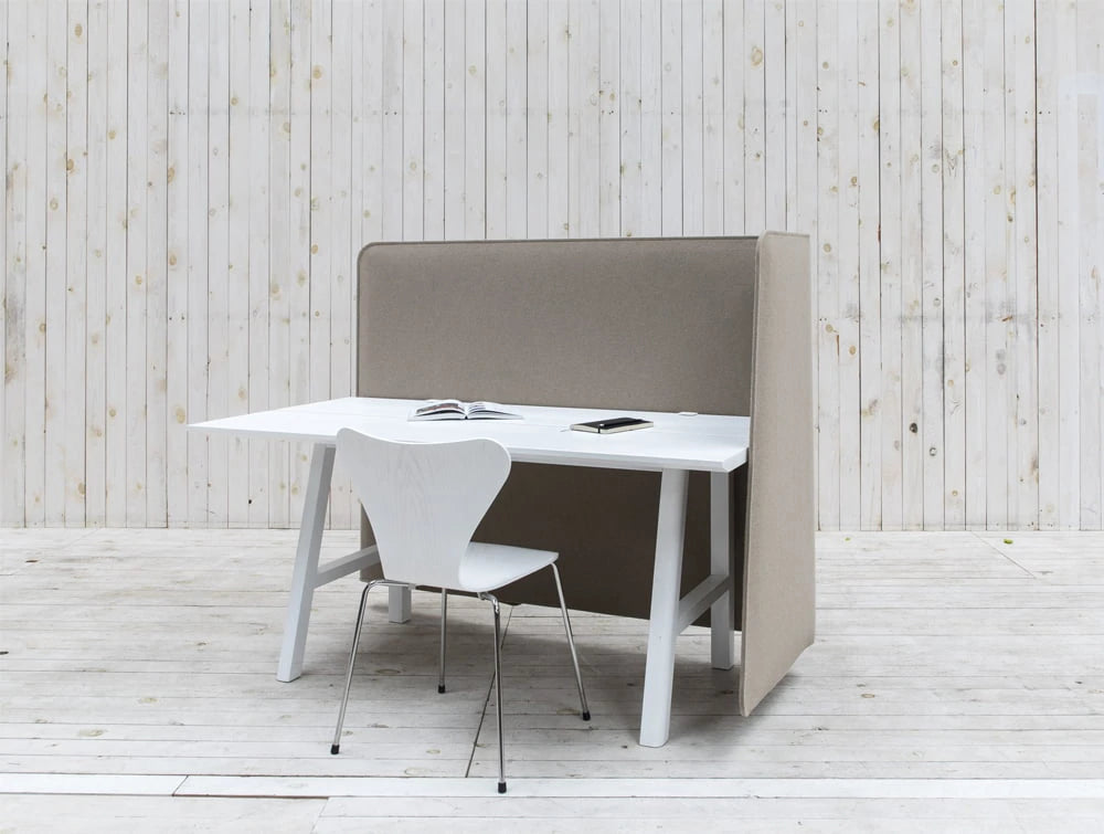 Buzziwrap Front Desk Right Acoustic Partition Beige With White Table And Chair