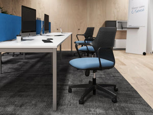 C Sense Bench Desk with Blue Desk Screen and Black with Blue Amrchair