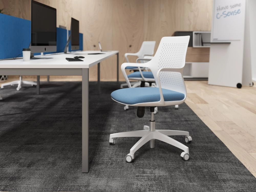 C-Sense Bench Desk with Blue Desk Screen and White with Blue Amrchair